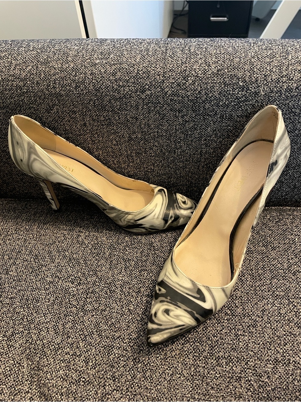 Nine West Marble-Print Pointed Toe Pumps in Black and White